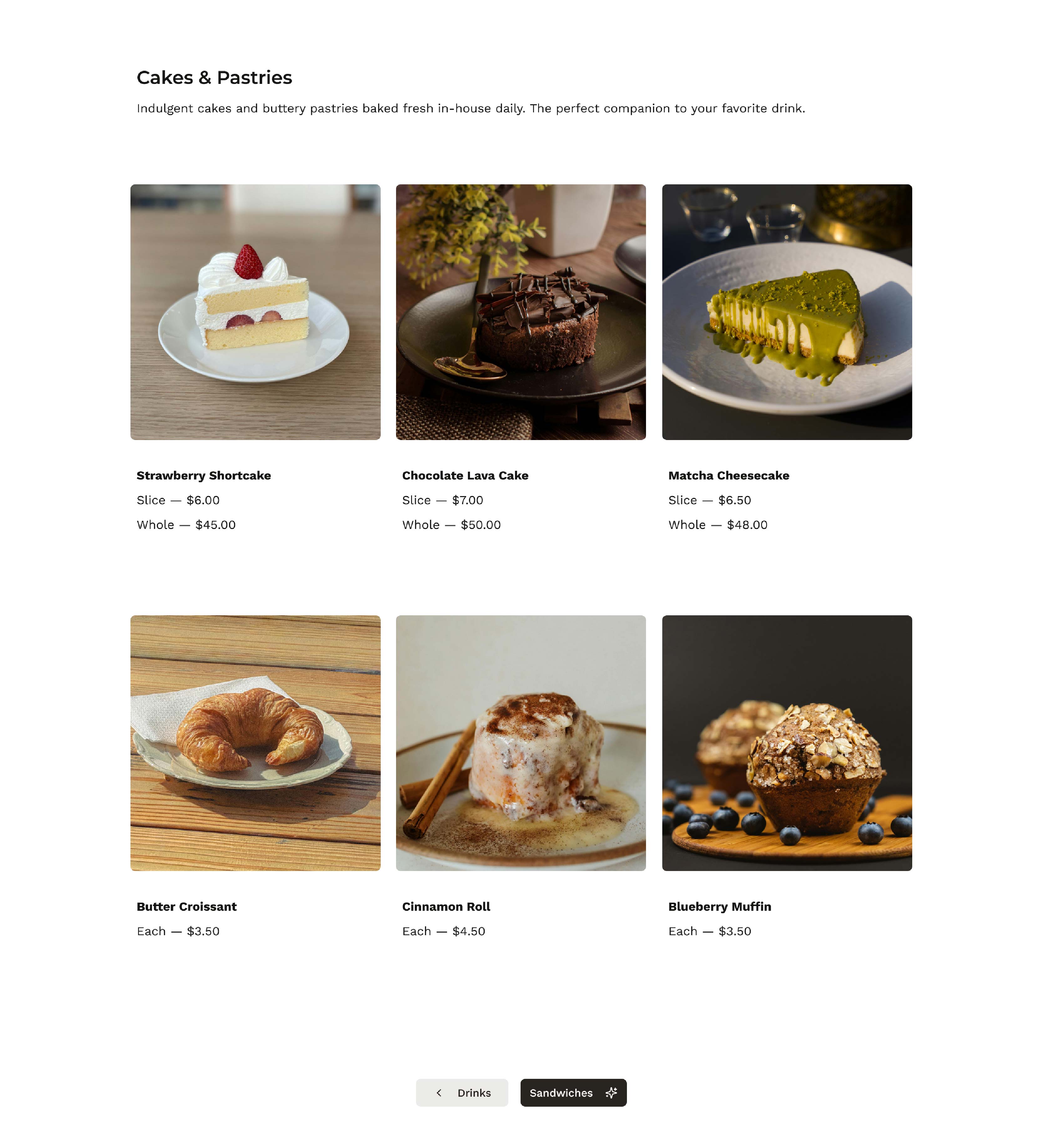 Cafe Menu — Drinks & pricing